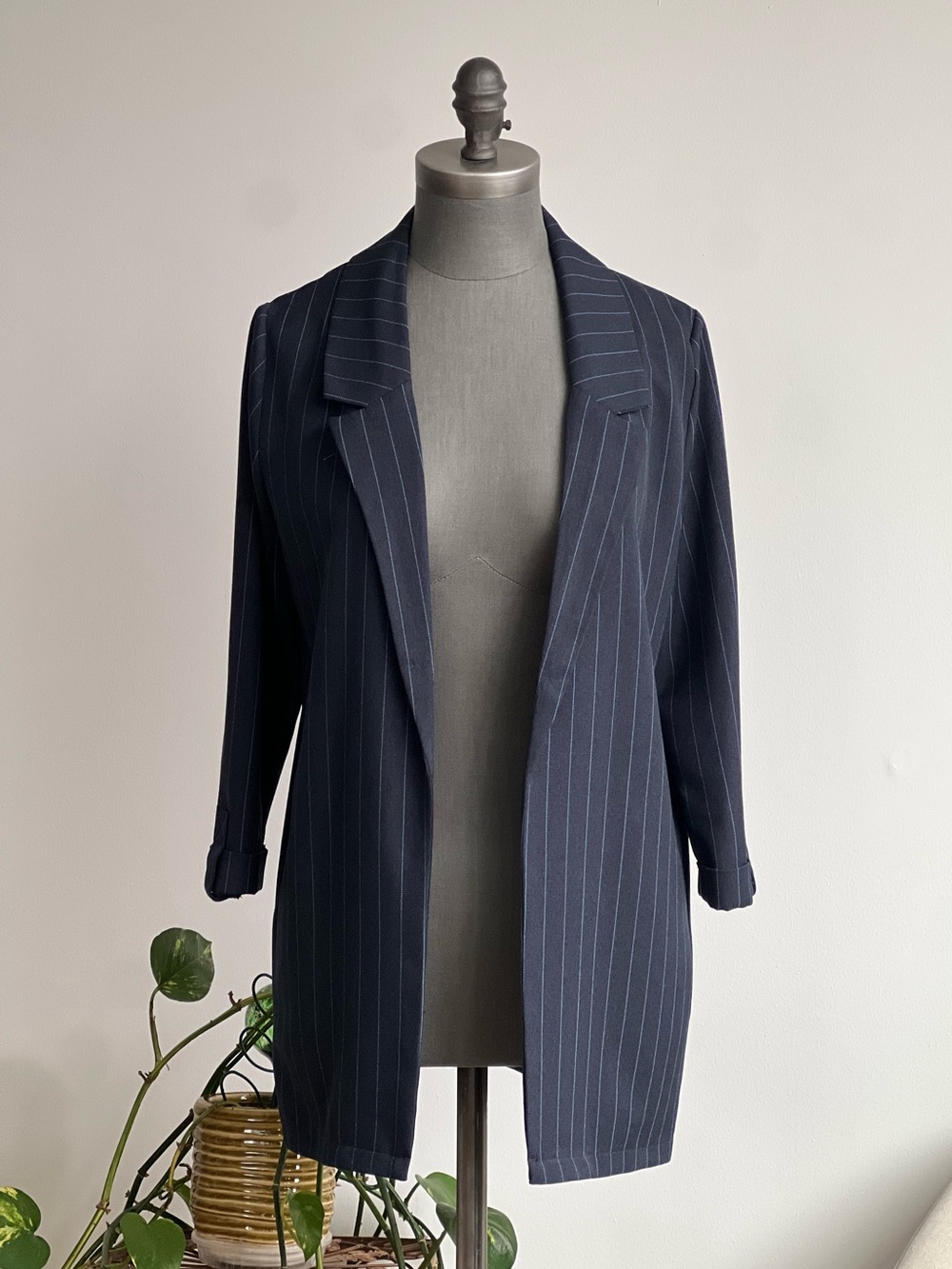 Navy Pinstripe Open Front Blazer EUC